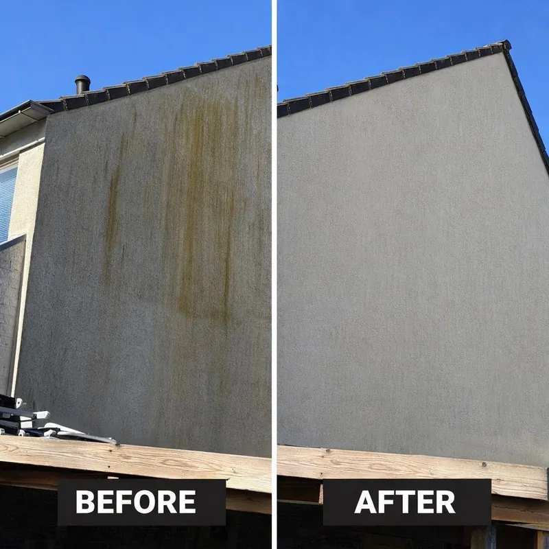 The same exterior wall before and after cleaning, side by side in the supplied photo.